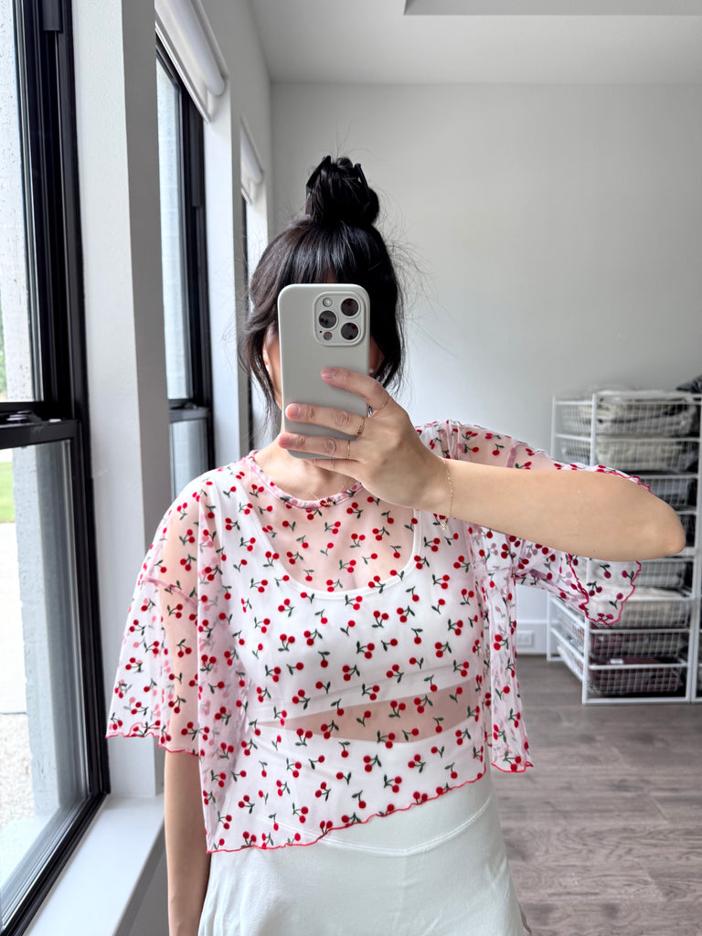 Boxy Crop Top, Cherry Mesh