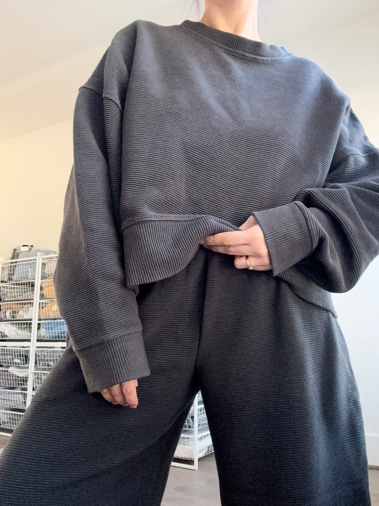 Margot Rippled Cotton Cropped Sweatshirt, Faded Black