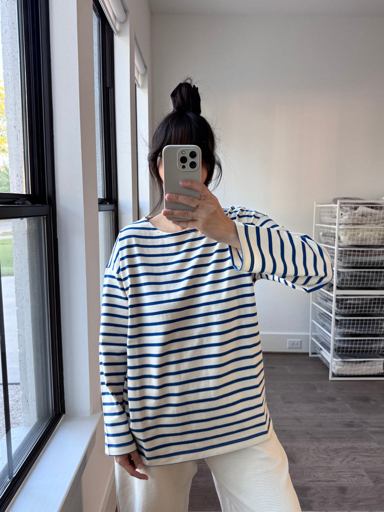 Marseille Top, Blue Stripe on Cream