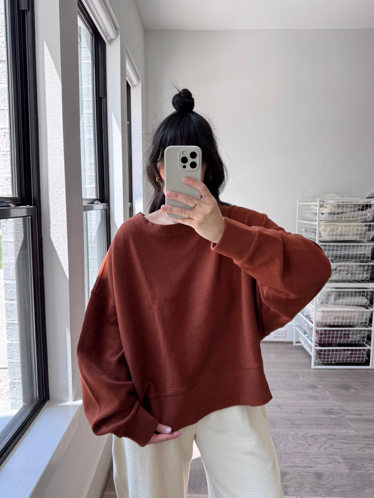 Margot Rippled Cotton Cropped Sweatshirt, Cinnamon