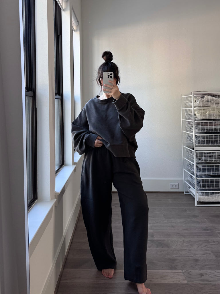 Margot Rippled Cotton Cropped Sweatshirt, Faded Black