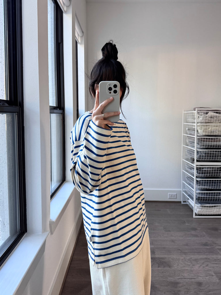 Marseille Top, Blue Stripe on Cream