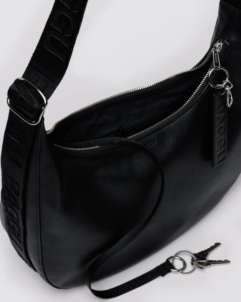 Medium Recycled Leather Crescent Bag, Black