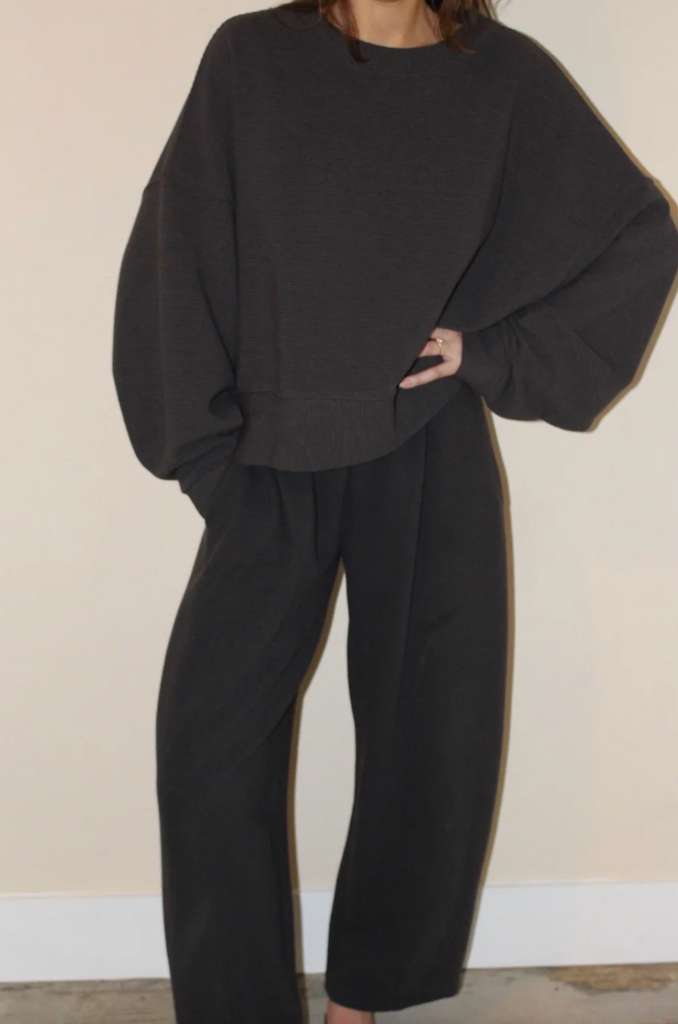 Margot Rippled Cotton Cropped Sweatshirt, Faded Black