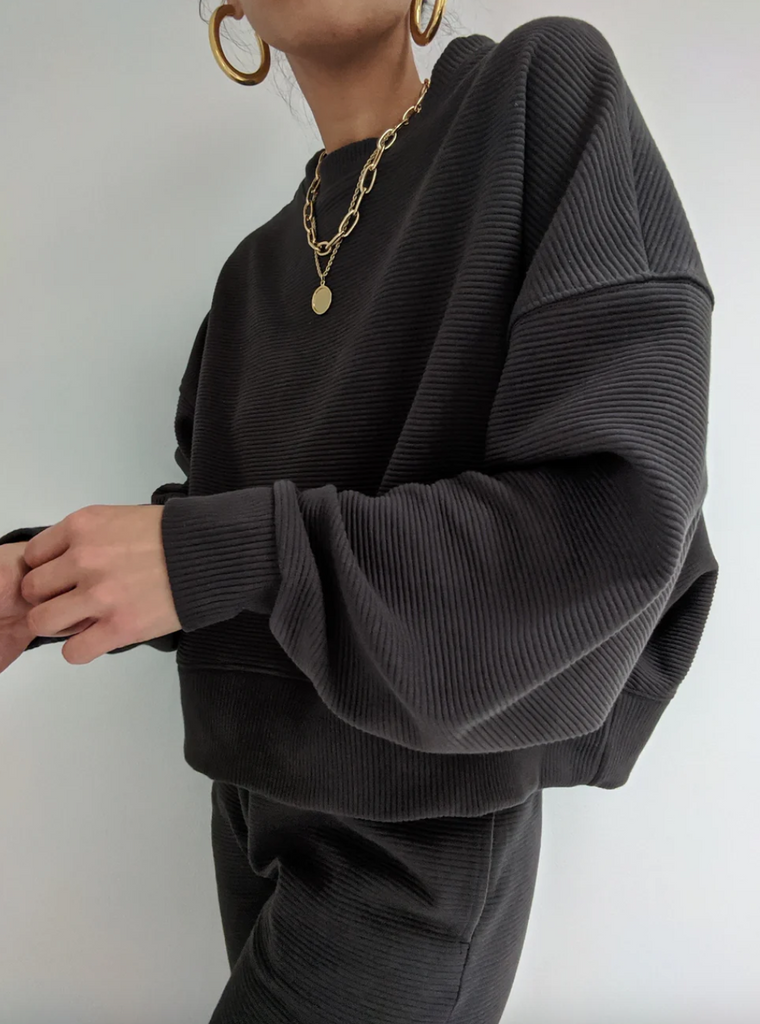 Margot Rippled Cotton Cropped Sweatshirt, Faded Black