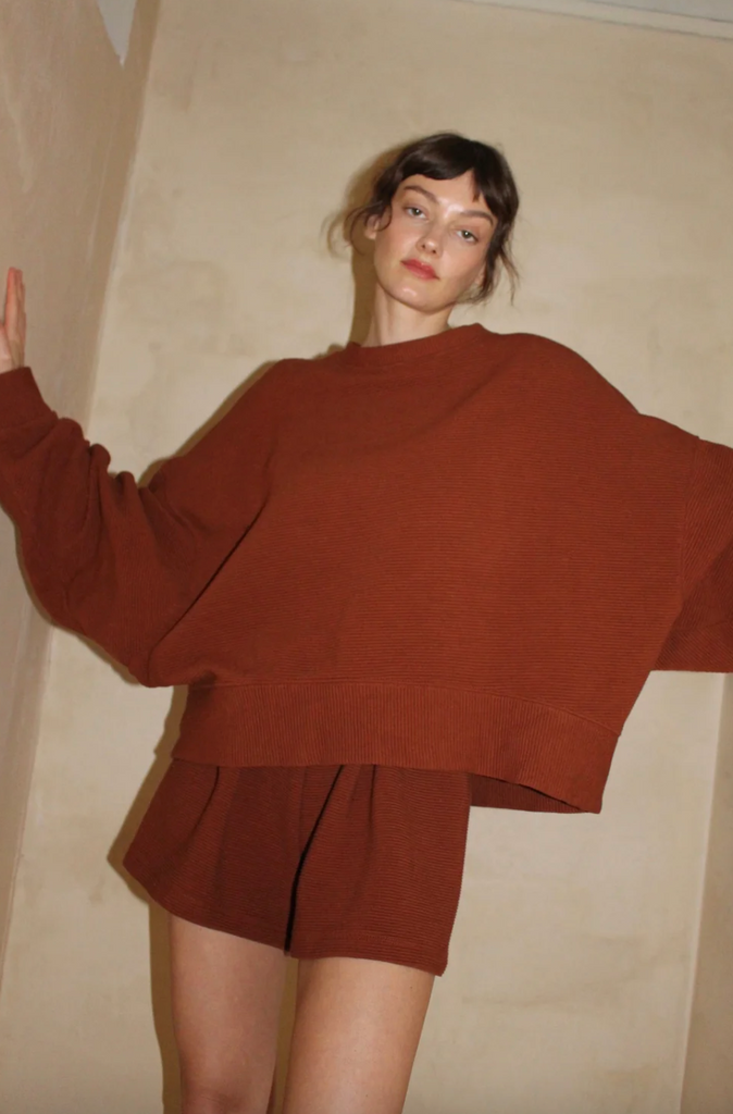 Margot Rippled Cotton Cropped Sweatshirt, Cinnamon
