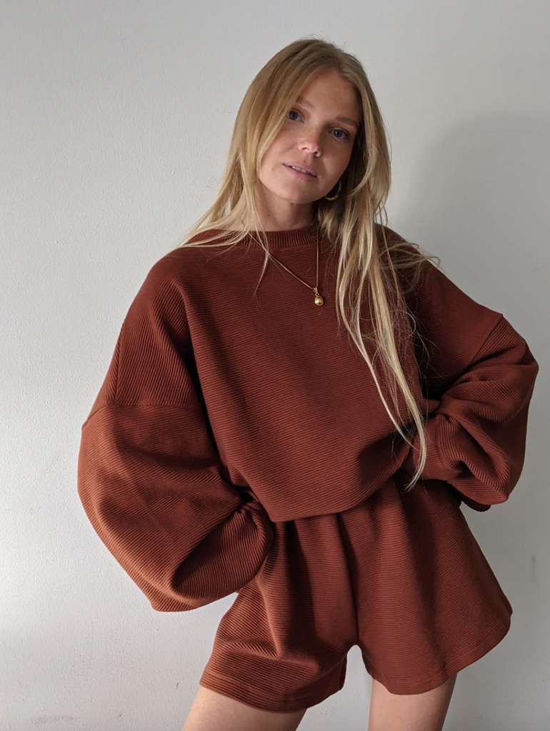 Margot Rippled Cotton Cropped Sweatshirt, Cinnamon